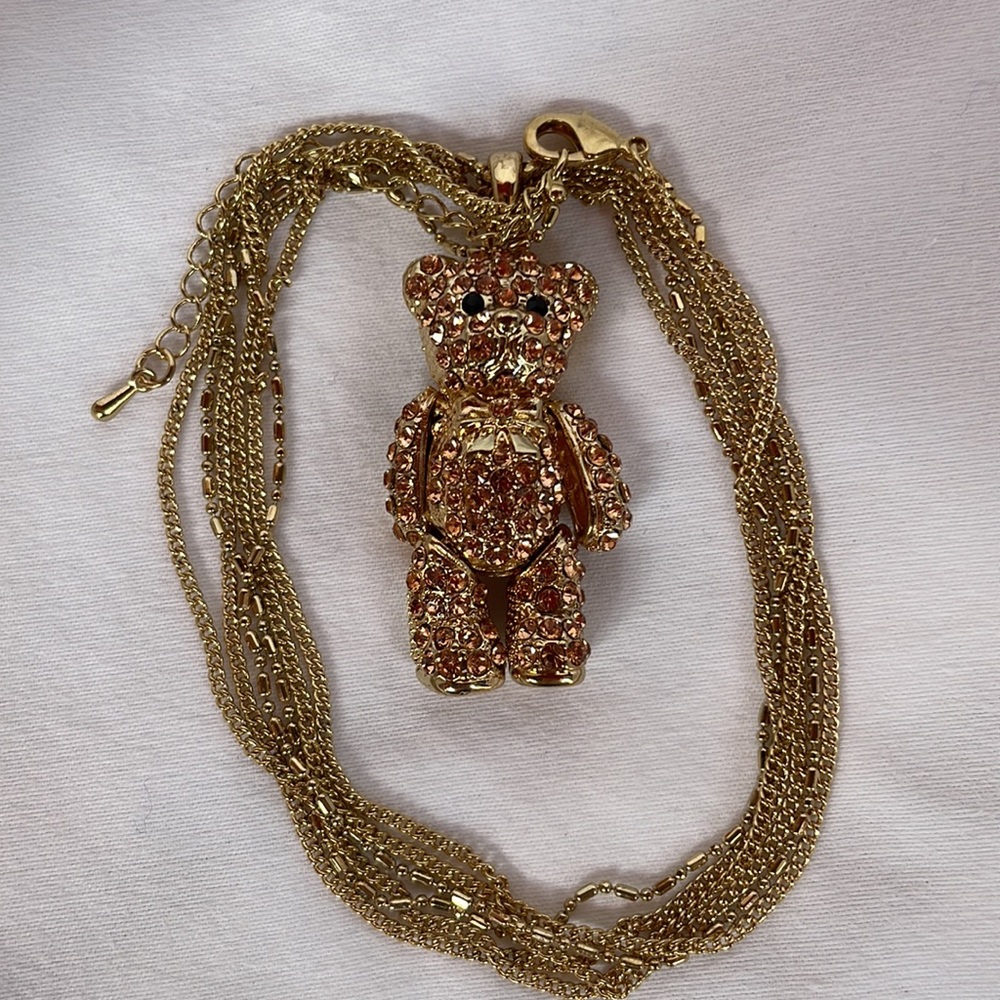 Teddy Bear Necklace with Rose Gold & Black Rhinestone’s & Moveable Arms & Legs